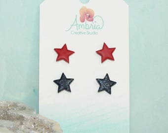 Red & Blue Star Polymer Clay Stud Earrings