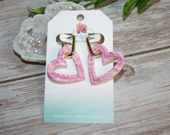 Marble Pink Cutout Polymer Clay Hearts on Gold Huggie Hoop Earrings