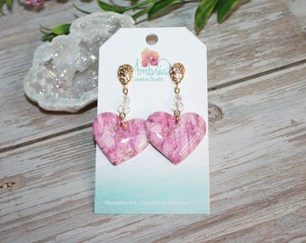 Valentine Heart and Crystals Polymer Clay Dangle Earrings