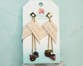 Salvaged Leather Chevron Polymer Clay & Tourmaline Dangle Earrings