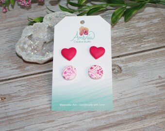 Valentine Heart & Silkscreen Polymer Clay Stud Earrings