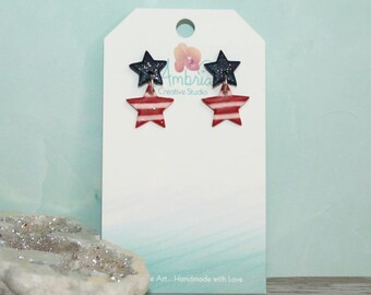 Patriotic Red, White & Blue Double Star Polymer Clay Mini Dangle Earrings