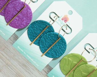 Pearlescent Embossed Disk & Bar Polymer Clay Earrings
