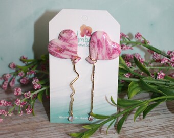 Valentine Pink & White Heart Balloons with Gold Ribbon Dangle Polymer Clay Post Earrings