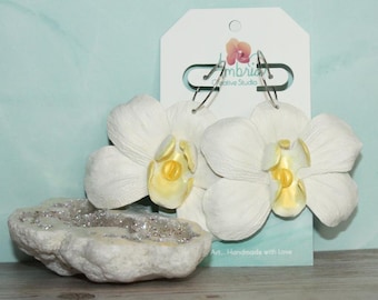 Stylized White & Yellow Orchid Polymer Clay Earrings