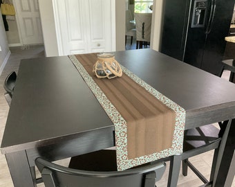 Chocolate Brown Table Runner with Blue Banded Border