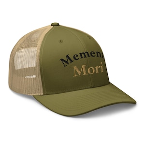 Embroidered Memento Mori Trucker Cap – Olive & Beige | Vintage and Stoic Streetwear | Unisex