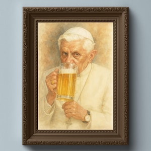 Papa Benedetto XVI beve birra - Arte murale cattolica stampabile (download digitale)