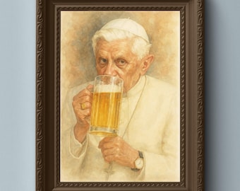 Pope Benedict XVI Drinking Beer - Catholic Wall Art Printable (Digital Download)