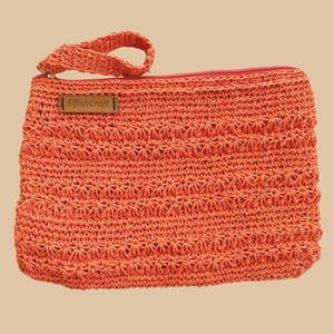 Bolso de mano de crochet hecho a mano – Pulsera naranja brillante – Bolsa ecológica de hilo de papel – Monedero veraniego con cremallera – ElfishCraft, regalo para ella