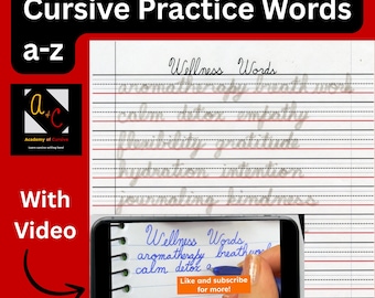 Cursive Writing Lowercase Practice Worksheet: A-Z Wellness Words (PDF printable) with video tutorial