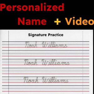 Könnte beinhalten: Ein weißes Blatt Papier mit den Worten "Signature Practice" oben. Der Name "Noah Williams" ist dreimal in Kursivschrift auf dem linierten Papier geschrieben. Die Worte "Personalized Name + Video" stehen oben.