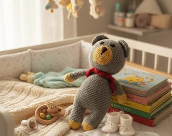 Handmade Crochet Teddy Bear – Grey Amigurumi Plush Toy with Scarf