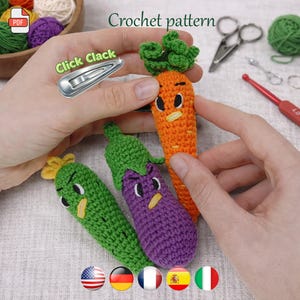 Click Clack Crochet Vegetables Set: Carrot, Cucumber & Eggplant, Sensory Fidget Toy, PDF Tutorial