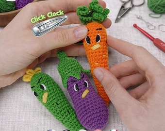 Click Clack Crochet Vegetables Set: Carrot, Cucumber & Eggplant, Sensory Fidget Toy, PDF Tutorial