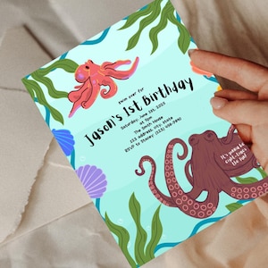 Convite de aniversário editável com tema de polvo e oceano, convite de aniversário com tema de polvo, modelo de convite de aniversário infantil, convite com tema de peixe e oceano, aniversário