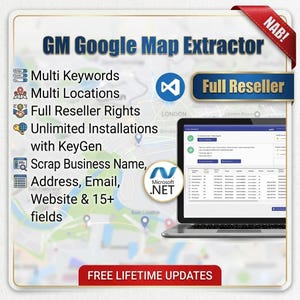 Puede incluir: Imagen promocional del software "GM Google Map Extractor". La imagen presenta un portátil que muestra la interfaz del software, un fondo de mapa y texto que destaca características como múltiples palabras clave, ubicaciones y derechos de revendedor. La imagen también incluye el logotipo de Microsoft .NET y el texto "FREE LIFETIME UPDATES."
