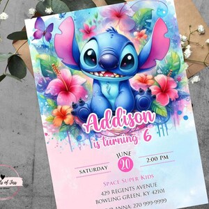 Modello modificabile per invito di compleanno Stitch | Invito di compleanno modificabile Canva | Invito alla festa di compleanno di Stitch | Modello di invito Canva