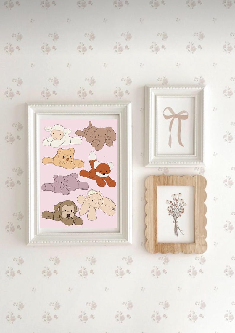 May include: A white frame with a pink background featuring a collection of eight stuffed animal illustrations. The animals include a sheep, elephant, bear, fox, hippopotamus, rabbit, and monkey. The illustrations are in a cartoon style.