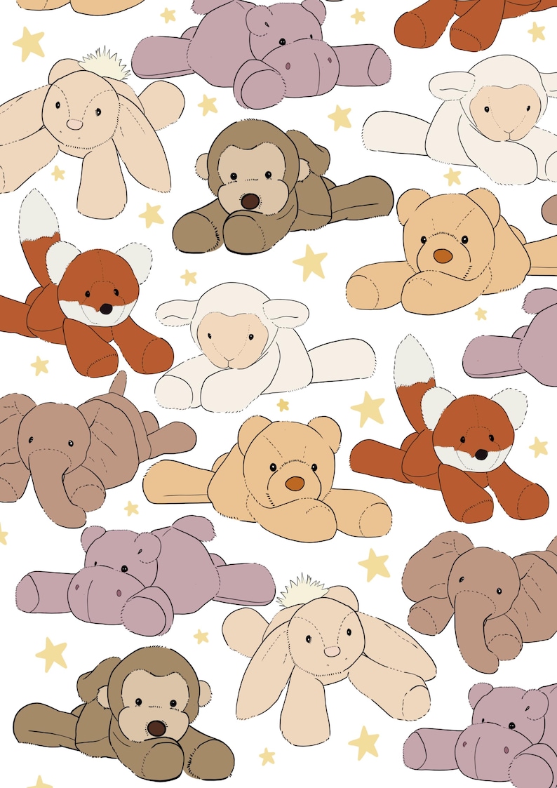 May include: A collection of plush toys in various animal shapes, including a fox, a bear, a monkey, a hippopotamus, a sheep, an elephant, and a bunny. The toys are all lying down on a white background with yellow stars.