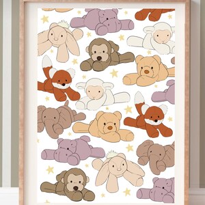 May include: A white background with a repeating pattern of various stuffed animals, including a fox, a bear, a monkey, a hippopotamus, a rabbit, an elephant, and a lamb. The animals are all in different colors and are lying down with their limbs outstretched. There are also small gold stars scattered throughout the pattern.