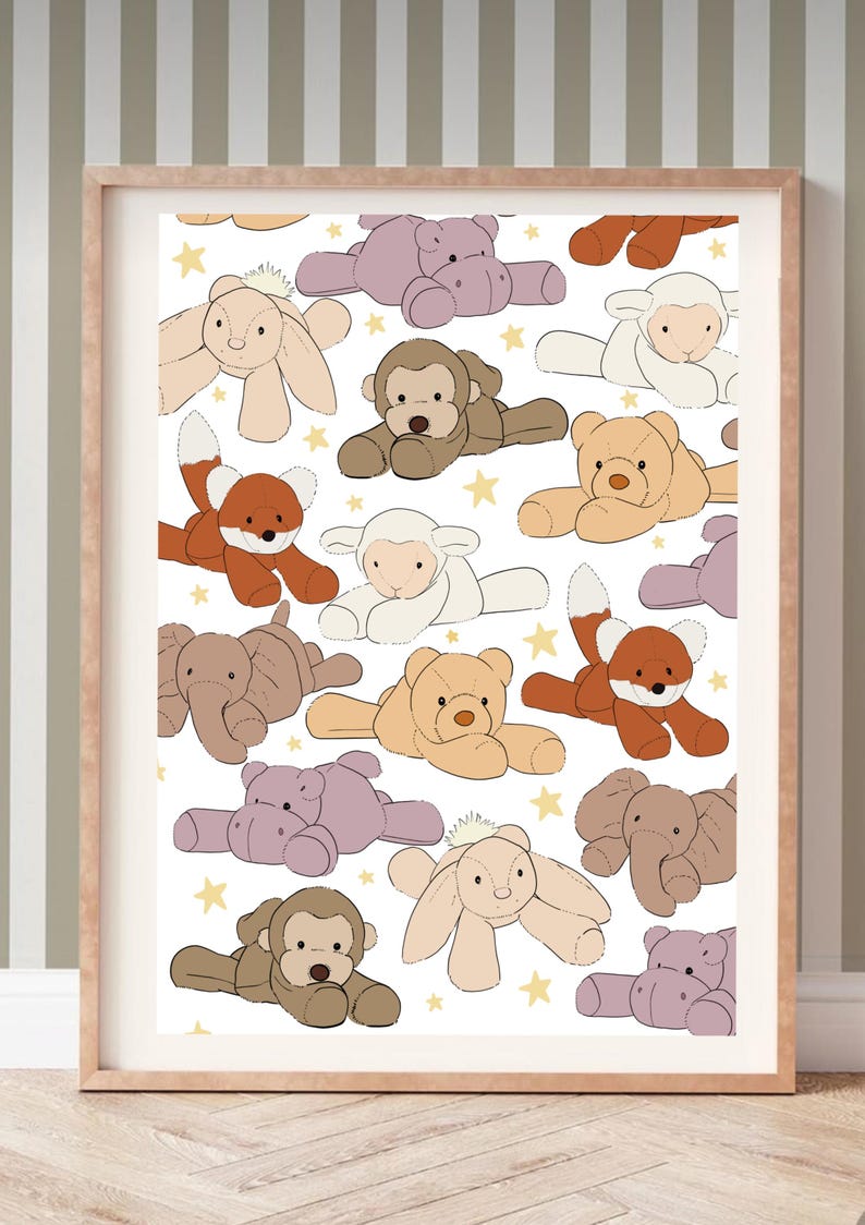 May include: A white background with a repeating pattern of various stuffed animals, including a fox, a bear, a monkey, a hippopotamus, a rabbit, an elephant, and a lamb. The animals are all in different colors and are lying down with their limbs outstretched. There are also small gold stars scattered throughout the pattern.