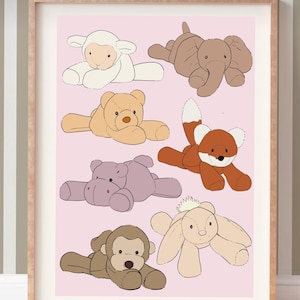 May include: A pink background with seven different stuffed animals. The animals include a lamb, elephant, bear, fox, hippopotamus, bunny, and monkey. Each animal is in a different pose and has a different color.