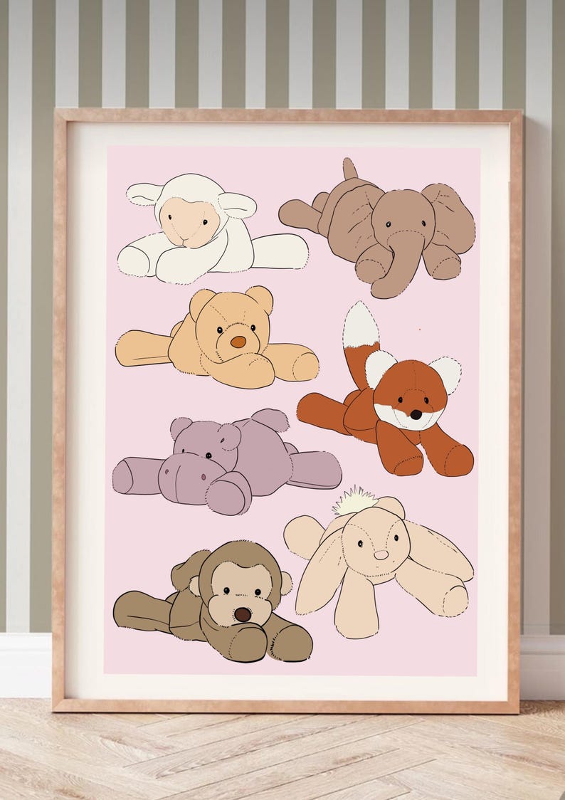 May include: A pink background with seven different stuffed animals. The animals include a lamb, elephant, bear, fox, hippopotamus, bunny, and monkey. Each animal is in a different pose and has a different color.