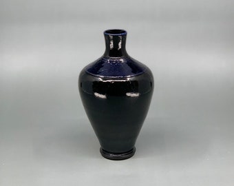 Black and cobalt blue vase -- handmade handthrown stoneware blackandblue chattered pottery