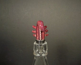 Handmade ceramic creature bottle stopper - one of a kind  - magenta - stoneware and steel