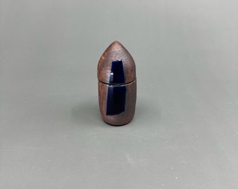 Mini brown and blue ceramic canister - tiny arcane handthrown ancient artifact-like container, jartifact
