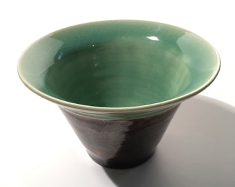 Ceramic bowl - celadon green and brown, handthrown, medium-size