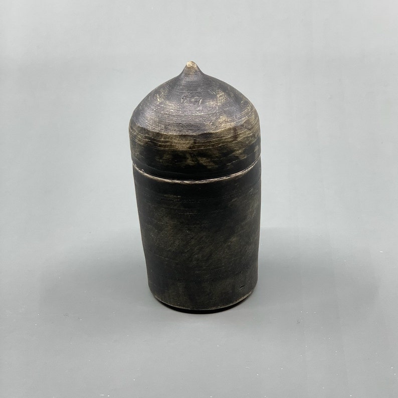 Grey lidded jar with surprise green inside. Handmade ceramic container, jartifact 69 urn stash jar image 2