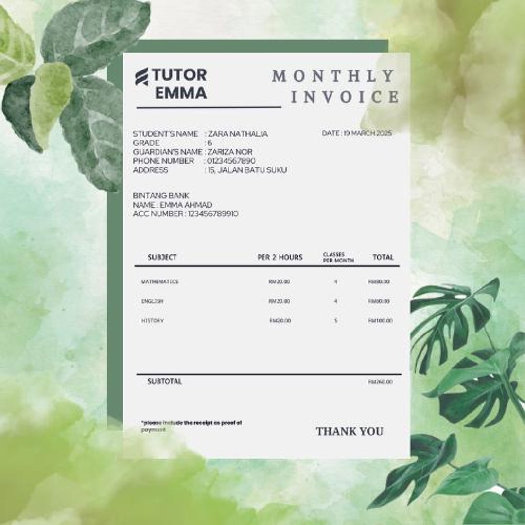Invoice Template | Canva Template | Minimalist | Tuition Invoice ...