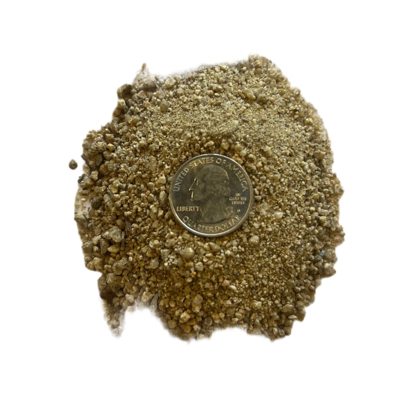 May include: A pile of light brown, granular material with a silver quarter coin on top for size comparison. The quarter shows the profile of George Washington and the words "United States of America". The material appears to be small, irregular pieces.