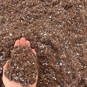 May include: A close-up shot of a handful of brown potting soil with white and light brown flecks. The soil is held in an open hand, with the rest of the soil visible in the background. The soil appears to be a mix of organic matter and other materials.