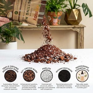 May include: A bag of premium potting mix is being poured onto a pile of soil. The mix includes triple ground redwood bark, orchid bark, perlite, worm castings, and peppermint essential oil. The potting mix is for houseplants and aroids.