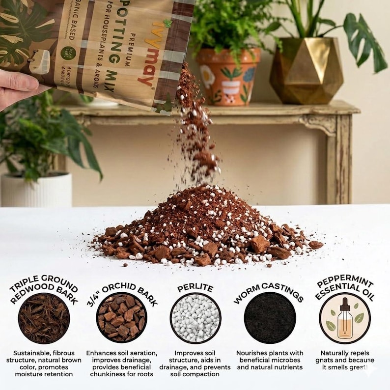 May include: A bag of premium potting mix is being poured onto a pile of soil. The mix includes triple ground redwood bark, orchid bark, perlite, worm castings, and peppermint essential oil. The potting mix is for houseplants and aroids.