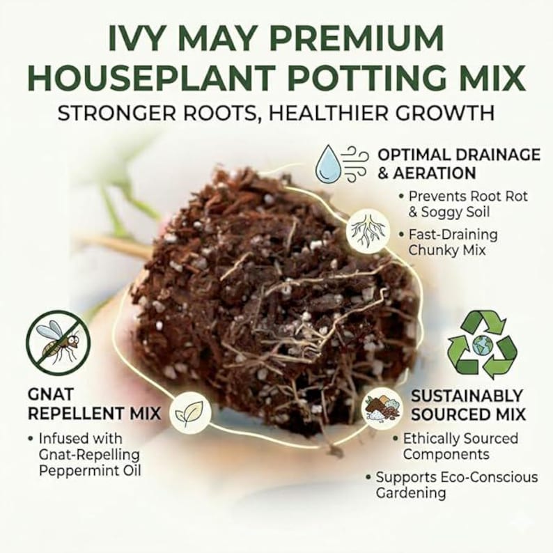 May include: Image of Ivy May Premium Houseplant Potting Mix. The mix is designed for stronger roots and healthier growth. Features include optimal drainage and aeration, gnat repellent mix with peppermint oil, and sustainably sourced components for eco-conscious gardening.