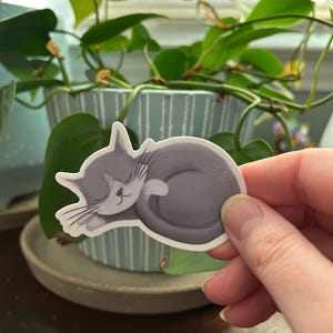 Schläfrige graue Katze Aufkleber - Hand gezeichnete Kitty Vinyl sterben geschnitten, Hydroflask & Laptop Dekor, Haustier Kunst, niedliches Tier Geschenk