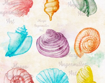 Muscheln Druck, Aquarellkunst, druckbare Kunst, digitaler Hintergrund, Scrapbook-Papier, handgezeichnete Kunst