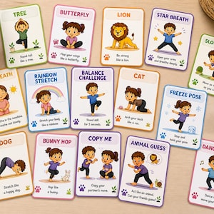 May include: A collection of colorful yoga cards for kids, featuring illustrations of children performing various poses. Each card has a different pose, such as "Tree," "Butterfly," and "Lion," with instructions and related animal or nature imagery.