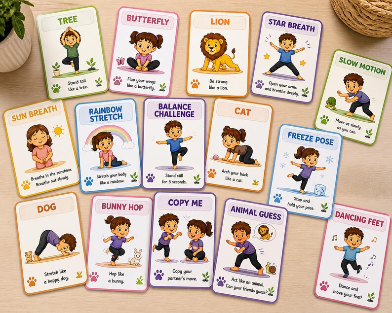 May include: A collection of colorful yoga cards for kids, featuring illustrations of children performing various poses. Each card has a different pose, such as "Tree," "Butterfly," and "Lion," with instructions and related animal or nature imagery.