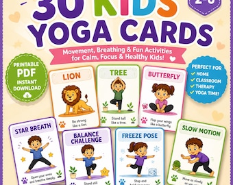 Karty do jogi ze zwierzętami dla dzieci do druku, 30 kart ruchowych w formacie PDF, gra joga dla maluchów, aktywność na rozbicie mózgu, przedszkole Montessori, natychmiastowe pobranie