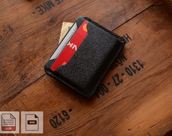 May include: Black leather card holder with a red and white credit card partially visible. The card holder is on a wooden surface. The image also includes PDF and SVG file icons.