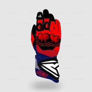 May include: A red, black, and blue motorcycle glove. The glove has a red palm and back, with black detailing on the fingers and knuckles. The wrist area is blue with white stripes and a logo.