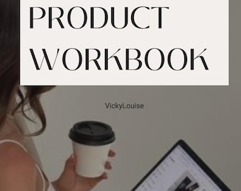 May include: A person is using a laptop while holding a coffee cup. The laptop screen displays images. The text "THE DIGITAL PRODUCT WORKBOOK" is displayed on a white background. The name "VickyLouise" is below the text.