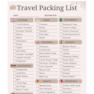 Reise-Packliste, bearbeitbare Urlaubs-Checkliste, Travel Essentials Planer, Reiseveranstalter PDF, digitale Packliste, Sofort-Download