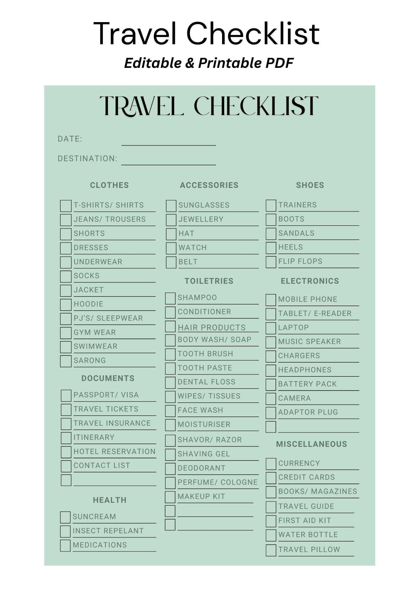 Travel Packing List – Printable and Editable Travel Checklist ...