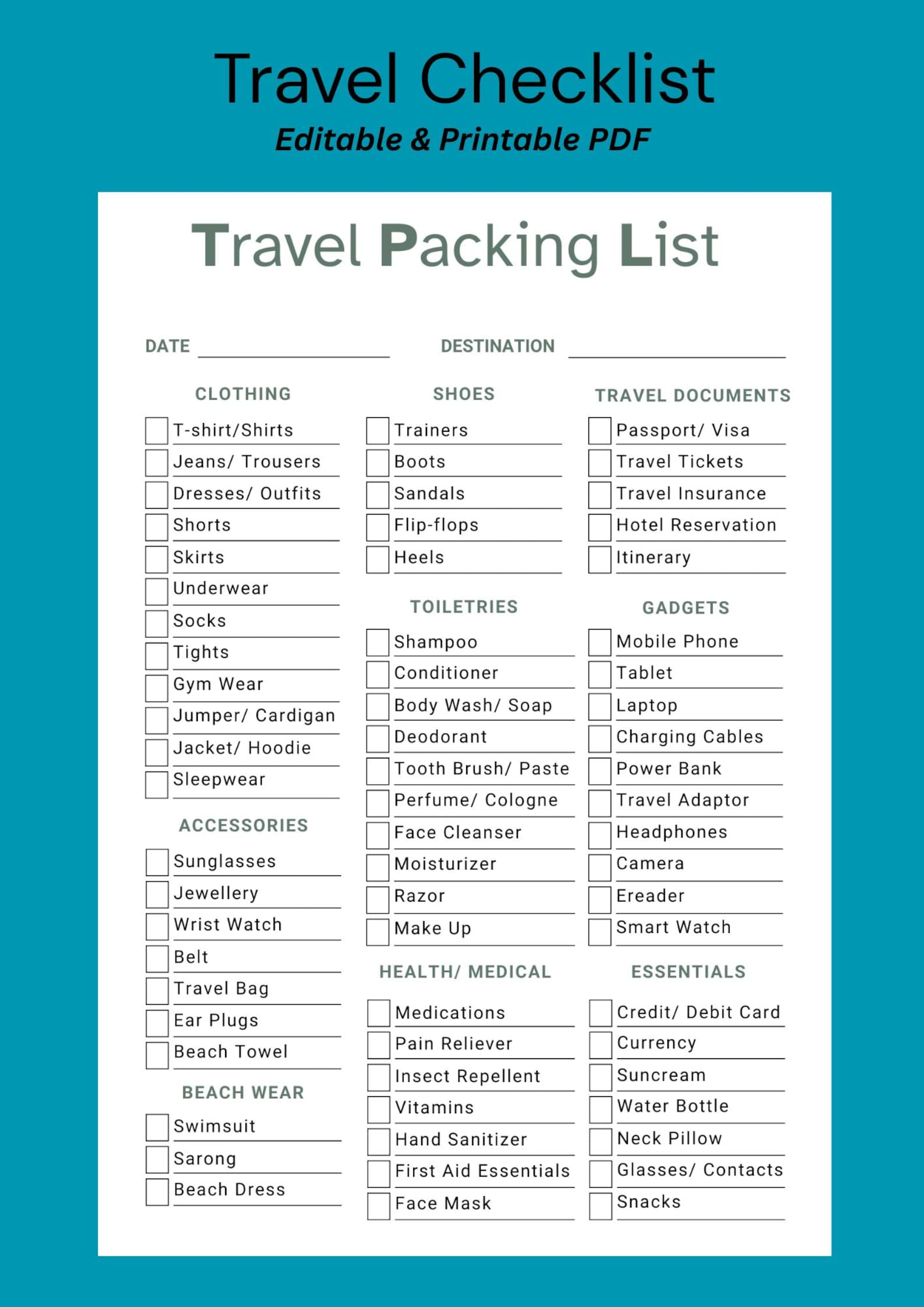 Printable Travel Packing List & Editable Vacation Checklist | Travel